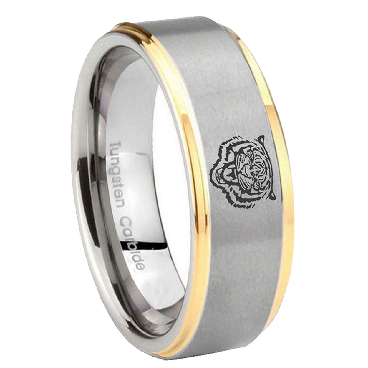 10mm Lion Step Edges Gold 2 Tone Tungsten Carbide Bands Ring