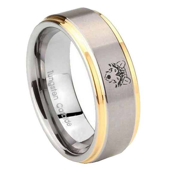 8mm-Wolf-Step-Edges-Gold-2-Tone-Tungsten-Carbide-Mens-Ring