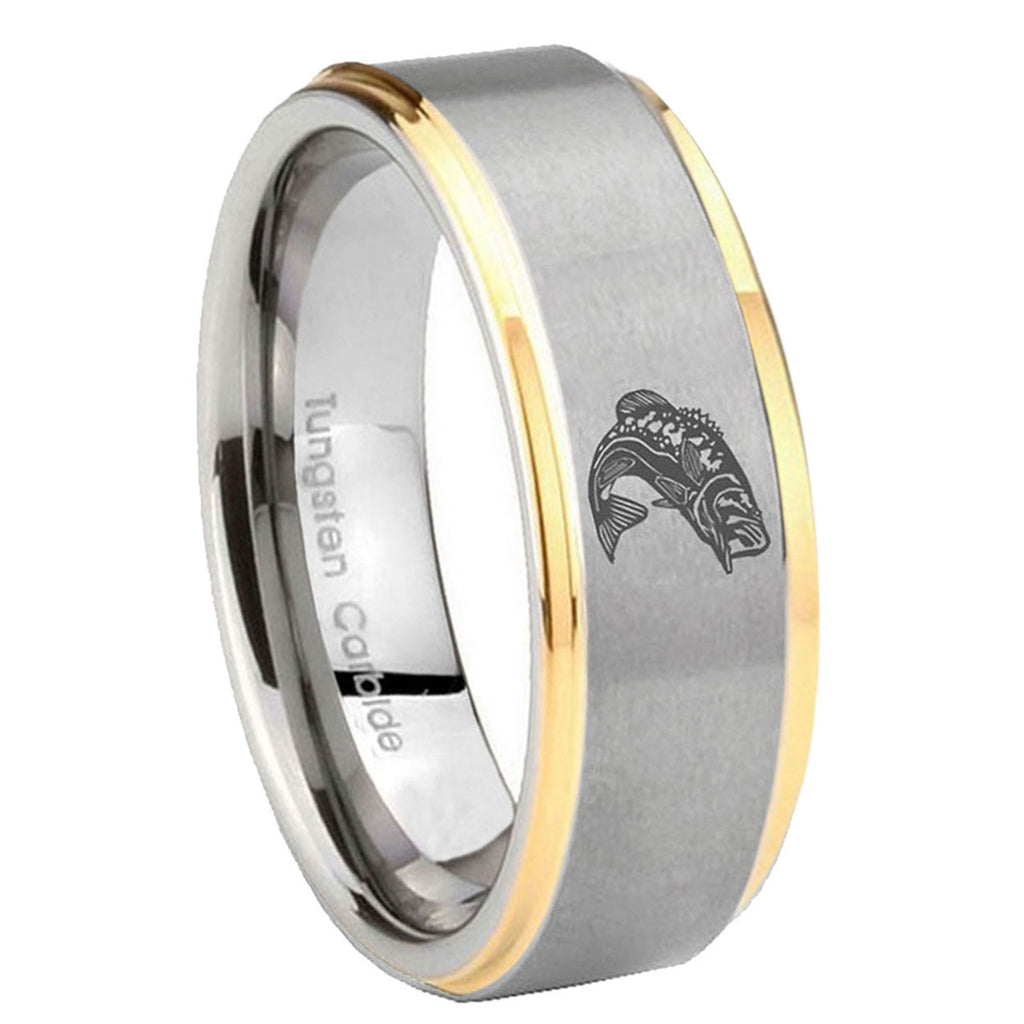 10mm Fishing Step Edges Gold 2 Tone Tungsten Carbide Bands Ring