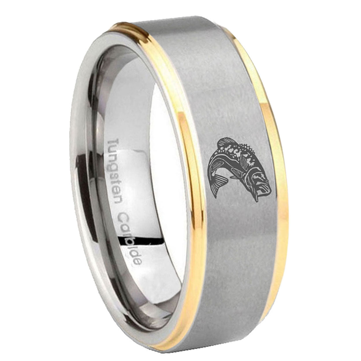 10mm Fishing Step Edges Gold 2 Tone Tungsten Carbide Bands Ring