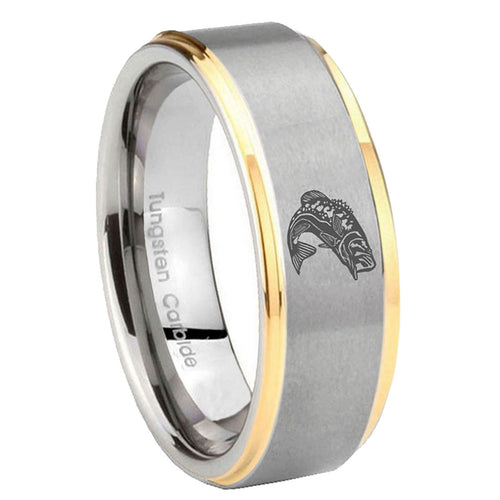 10mm Fishing Step Edges Gold 2 Tone Tungsten Carbide Bands Ring