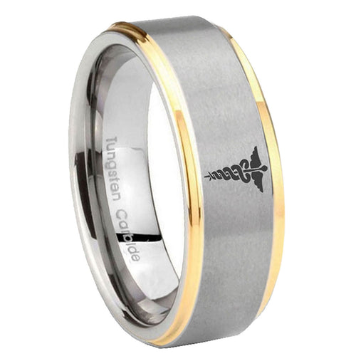 8mm Medical Symbol Step Edges Gold 2 Tone Tungsten Mens Ring
