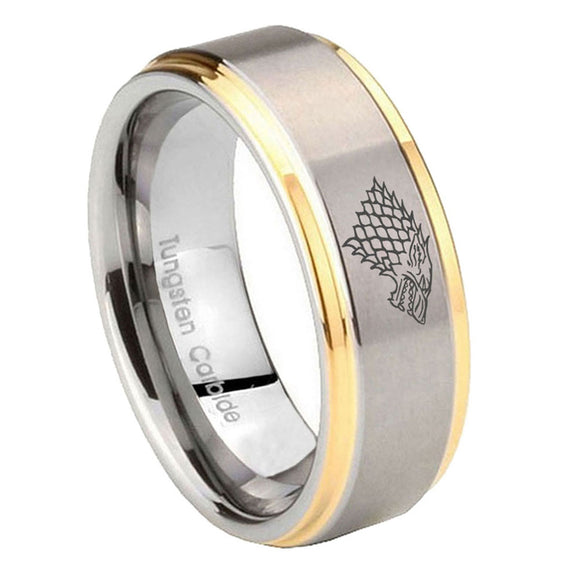 10mm-Game-Of-Thrones-House-Stark-Direwolf-Step-Edges-Gold-2-Tone-Tungsten-Carbide-Bands-Ring