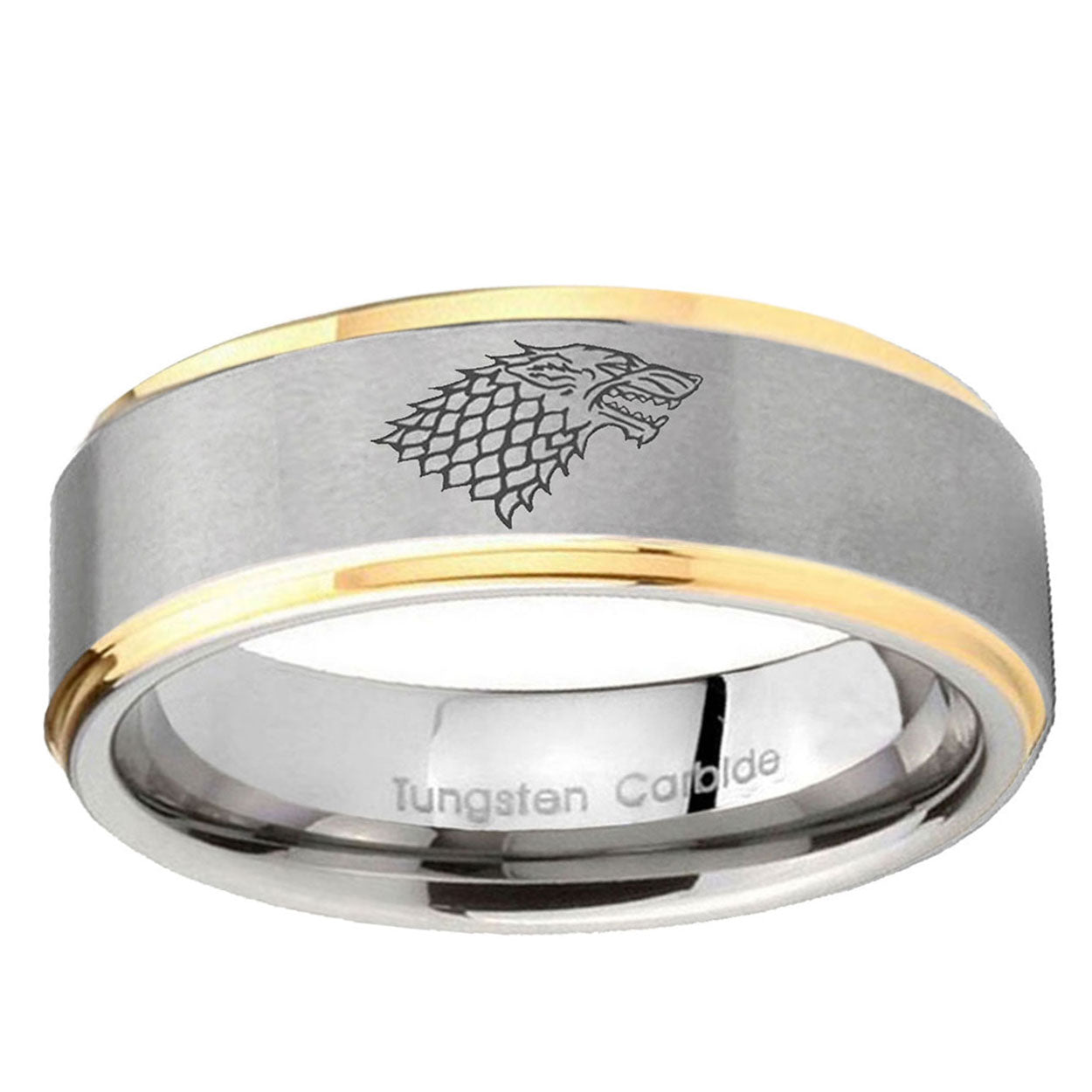 10mm Game Of Thrones House Stark Direwolf Step Edge Gold 2 Tone Tungsten Ring