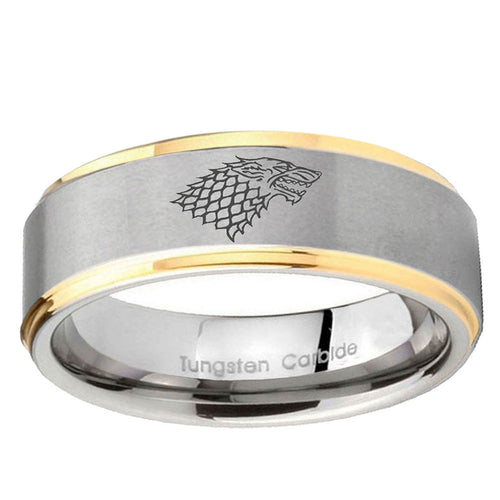 10mm Game Of Thrones House Stark Direwolf Step Edge Gold 2 Tone Tungsten Ring