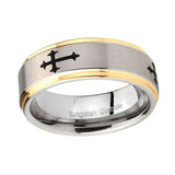 10mm-Christian-Cross-Religious-Step-Edges-Gold-2-Tone-Tungsten-Carbide-Bands-Ring
