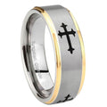 8mm Christian Cross Religious Step Edge Gold 2 Tone Tungsten Ring