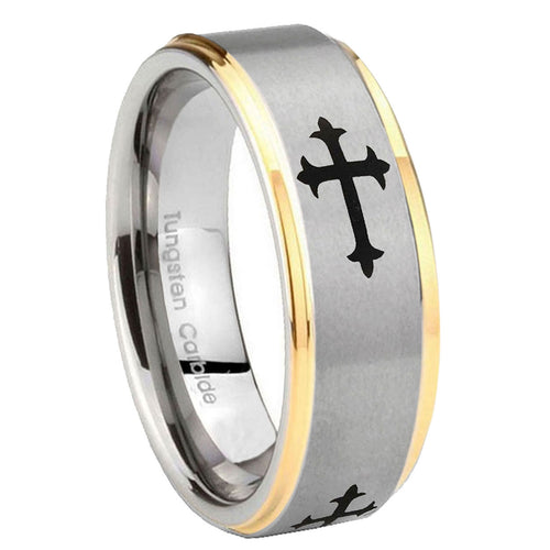 8mm Christian Cross Religious Step Edge Gold 2 Tone Tungsten Ring