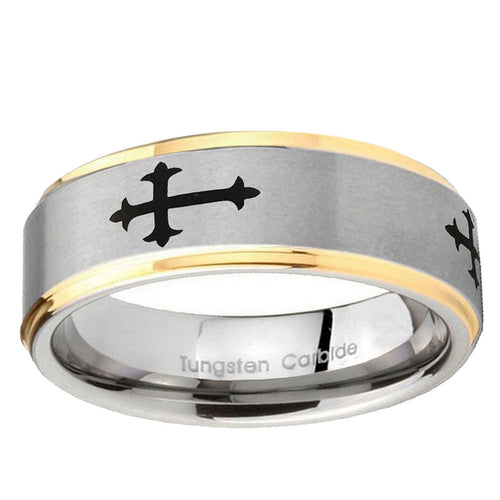 5mm Christian Cross Religious Step Edge Gold 2 Tone Tungsten Ring