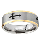 5, 8mm Christian Cross Religious Step Edge Gold 2 Tone Tungsten Ring