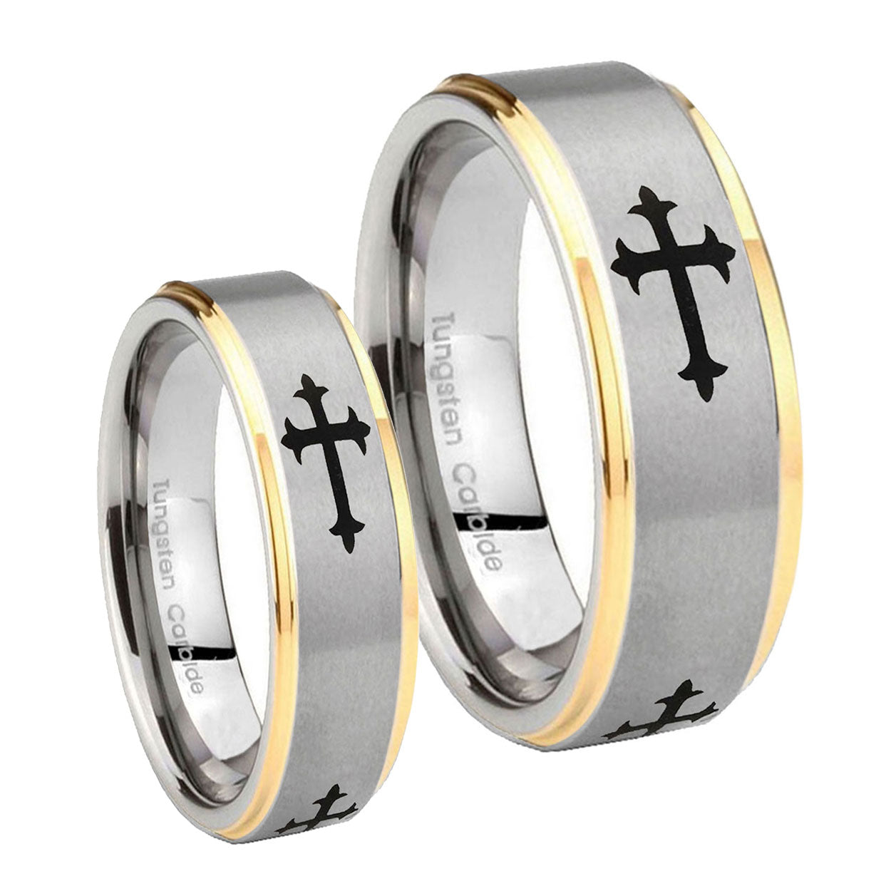Christian Cross Religious Step Edges Gold 2 Tone Tungsten Matching Ring Set