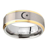 10mm-Crescent-Moon-Stars-Step-Edges-Gold-2-Tone-Tungsten-Carbide-Bands-Ring