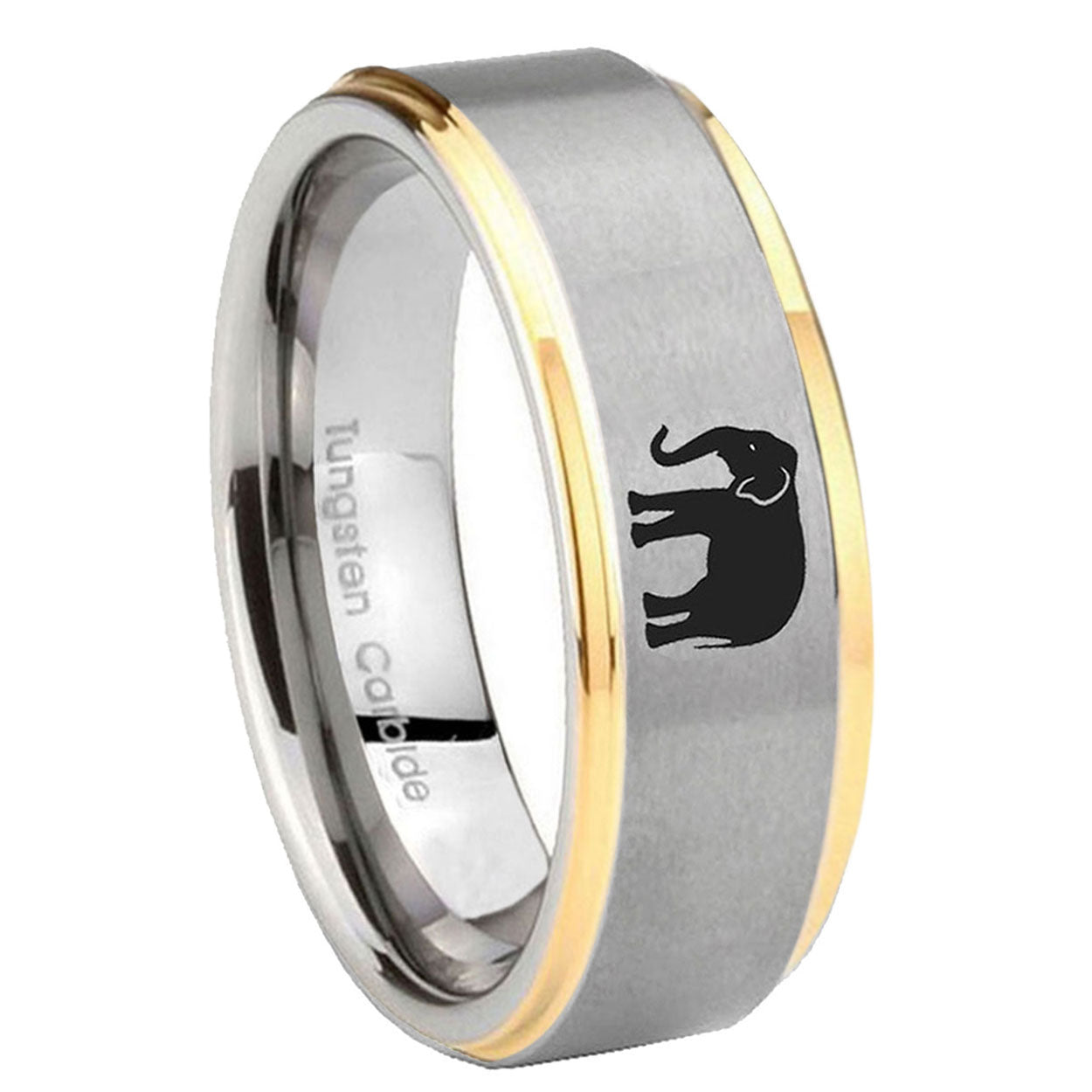 8mm Elephant Step Edges Gold 2 Tone Tungsten Mens Ring