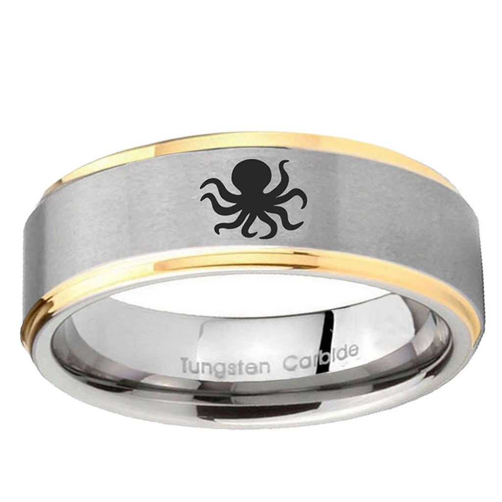 10mm Octopus Step Edge Gold 2 Tone Tungsten Ring