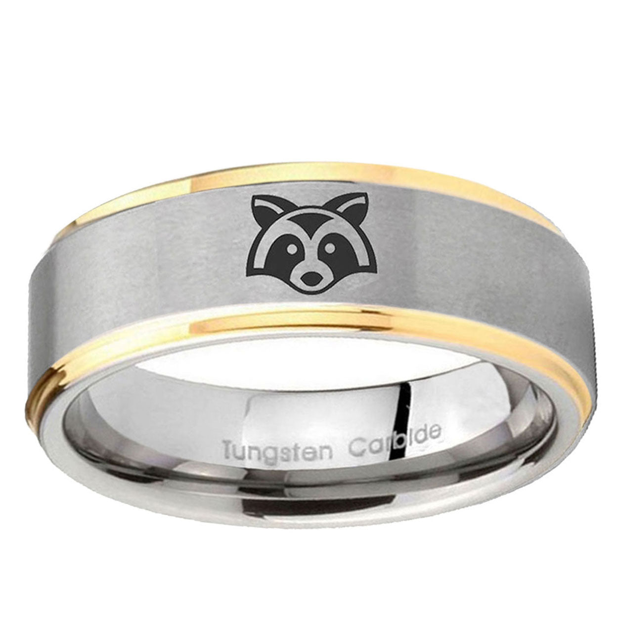 5mm Raccoon Animal Step Edges Gold 2 Tone Tungsten Mens Ring