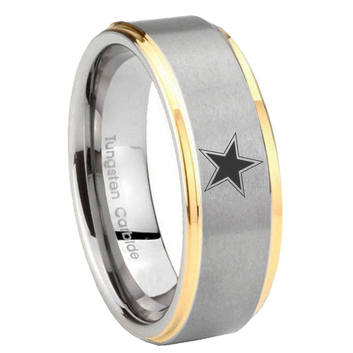 8mm Cowboys Star Step Edges Gold 2 Tone Tungsten Mens Ring