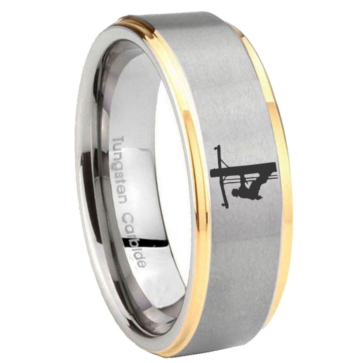 8mm Lineman Symbol Step Edge Gold Gray Tungsten Men Ring