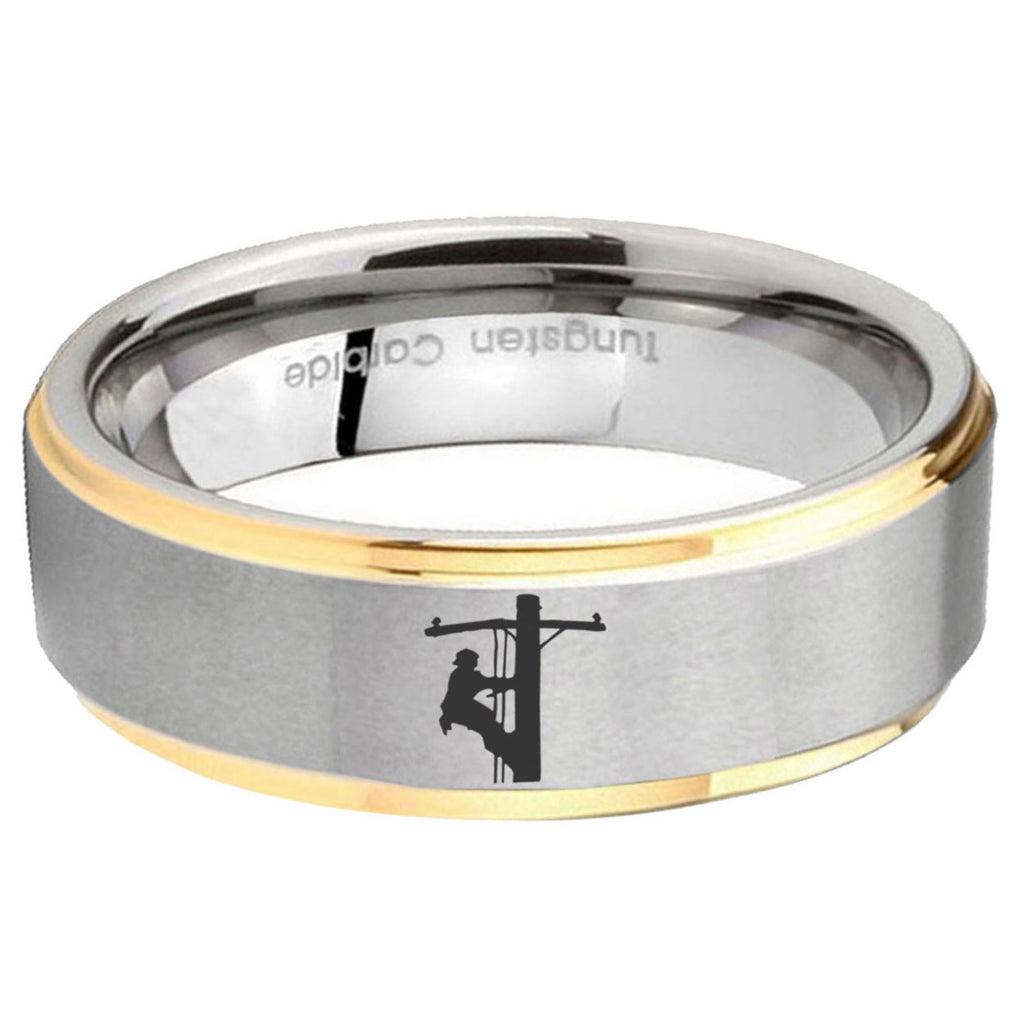 5mm Lineman Symbol Step Edge Gold Gray Tungsten Men Ring