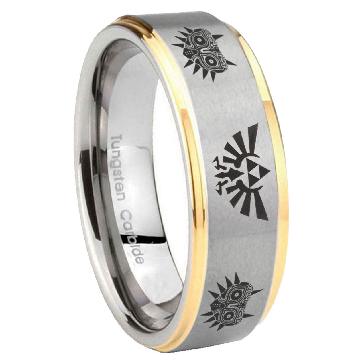 8mm Zelda Majora's Mask Step Edge Gold Gray Tungsten Men Ring