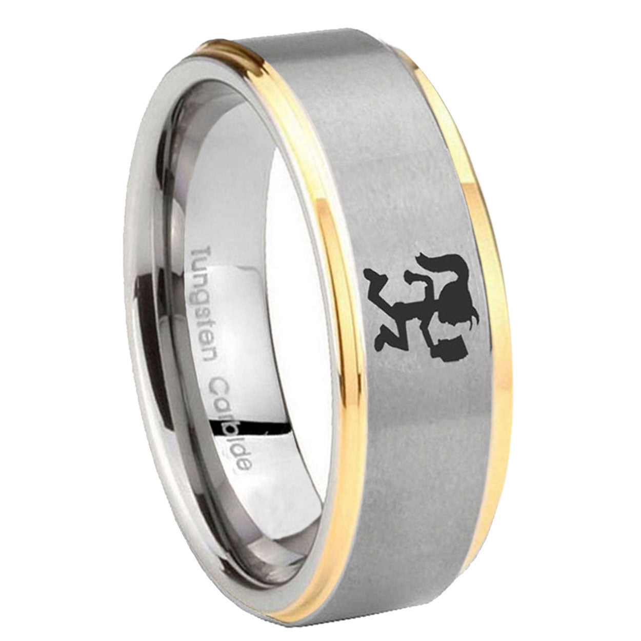 10mm Hatchet Woman Step Edges Gold 2 Tone Tungsten Carbide Bands Ring