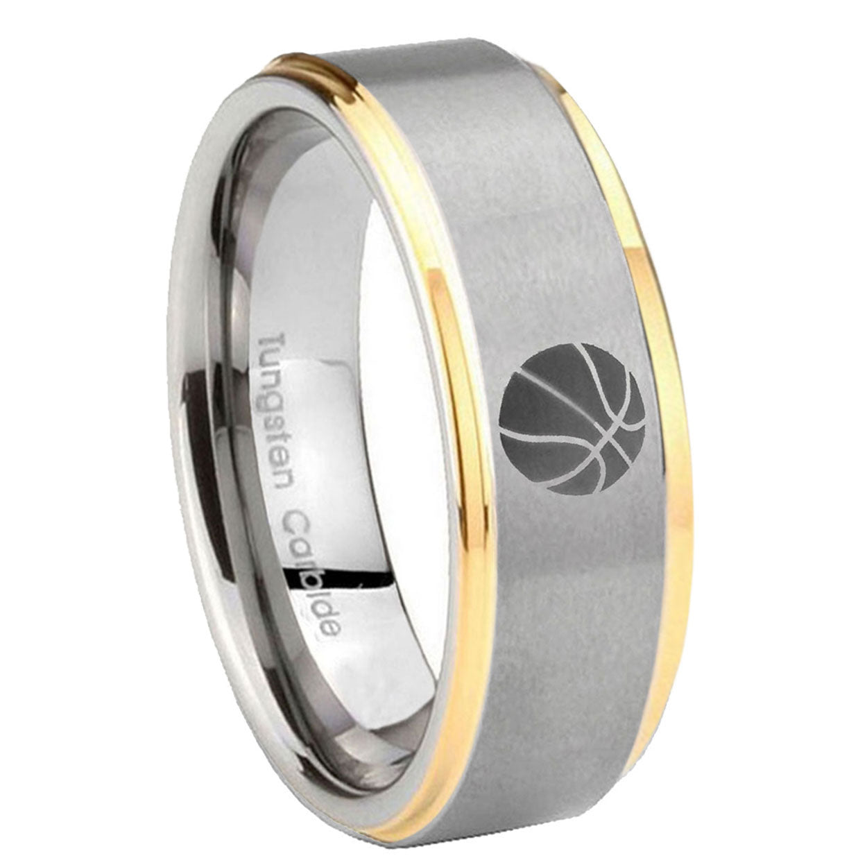 10mm Basketball Step Edges Gold 2 Tone Tungsten Carbide Men's Bands Ring
