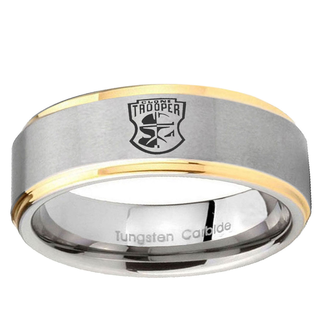 10mm Clone Trooper Step Edge Gold 2 Tone Tungsten Engraved Ring
