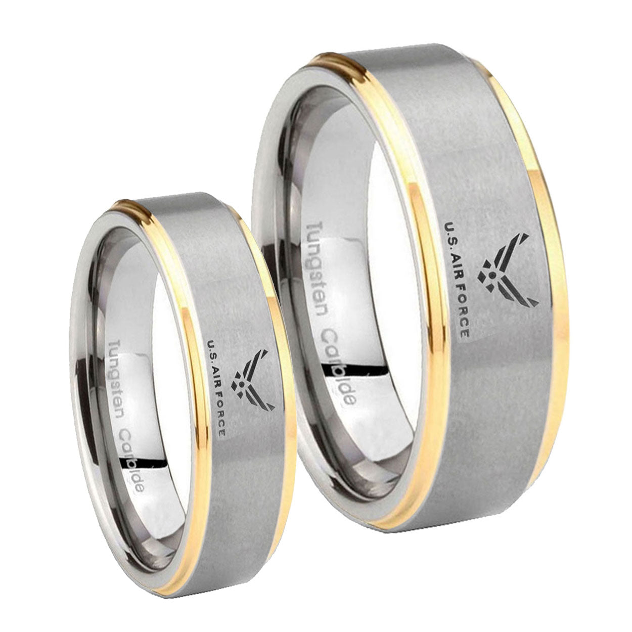 Step Edge US Air Force 14K Gold 2 Tone Tungsten Wedding Band Set