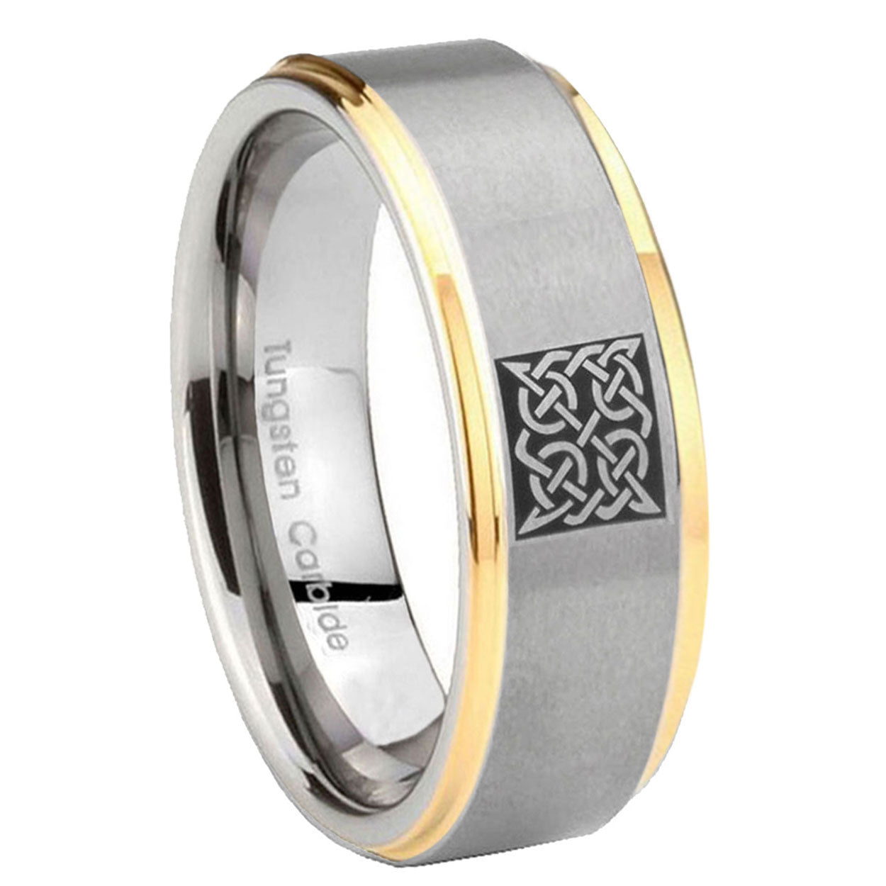 8mm Celtic Design Step Edges Gold 2 Tone Tungsten Ring