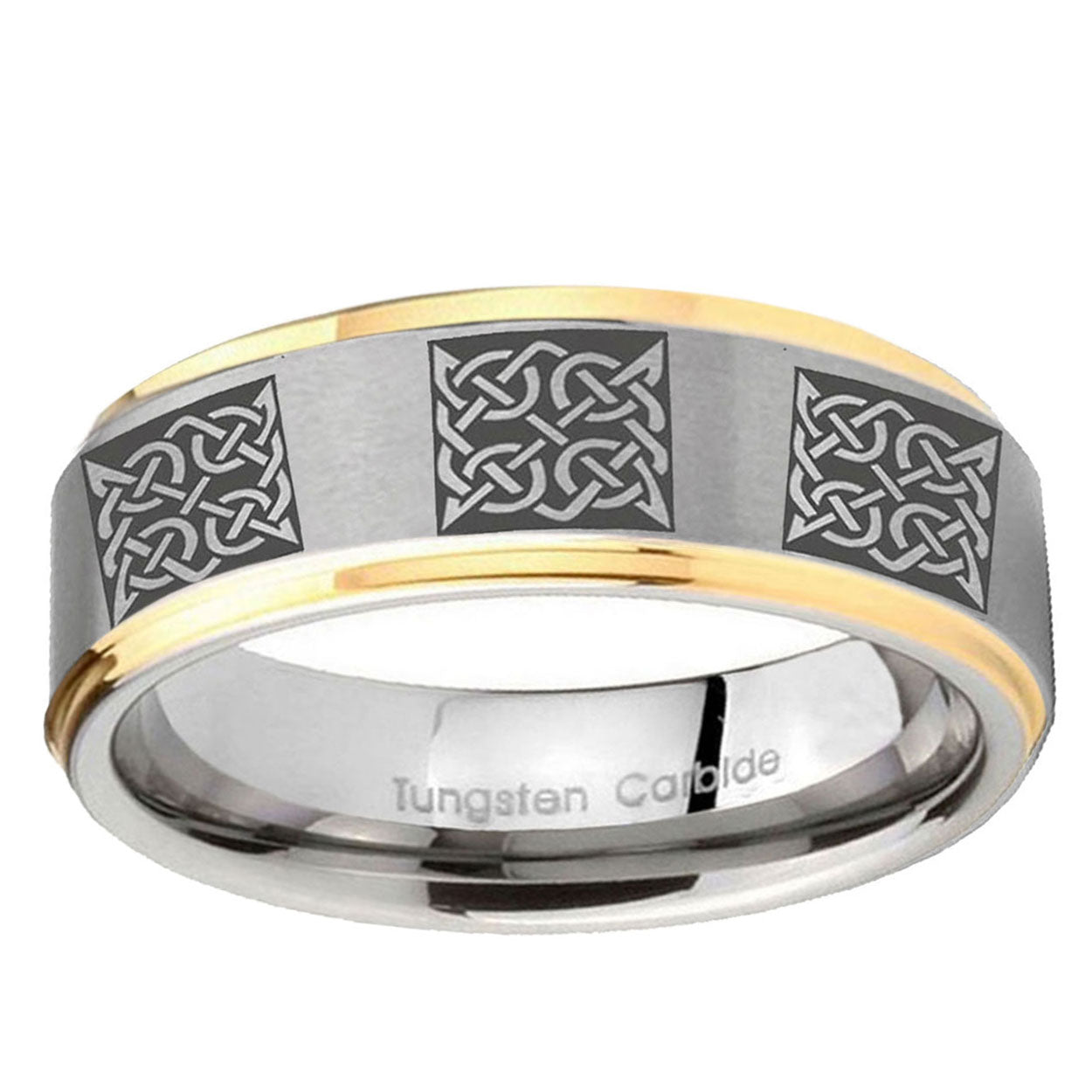 10mm Multiple Celtic Step Edge Gold 2 Tone Tungsten Ring