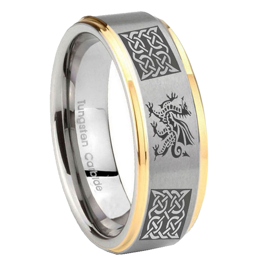 10mm Multiple Dragon Celtic Step Edges Gold 2 Tone Tungsten Engraved Ring