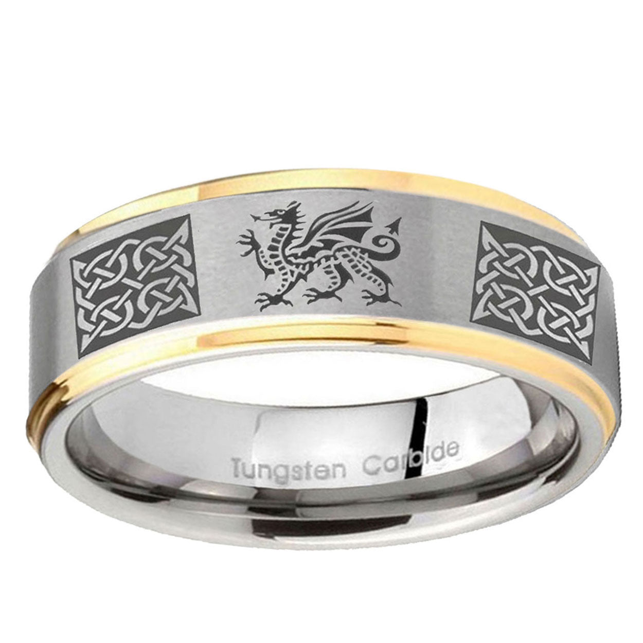 10mm Multiple Dragon Celtic Step Edge Gold 2 Tone Tungsten Engraved Ring