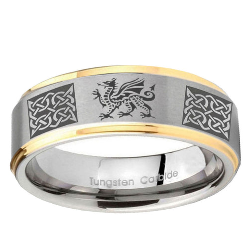 10mm Multiple Dragon Celtic Step Edge Gold 2 Tone Tungsten Engraved Ring