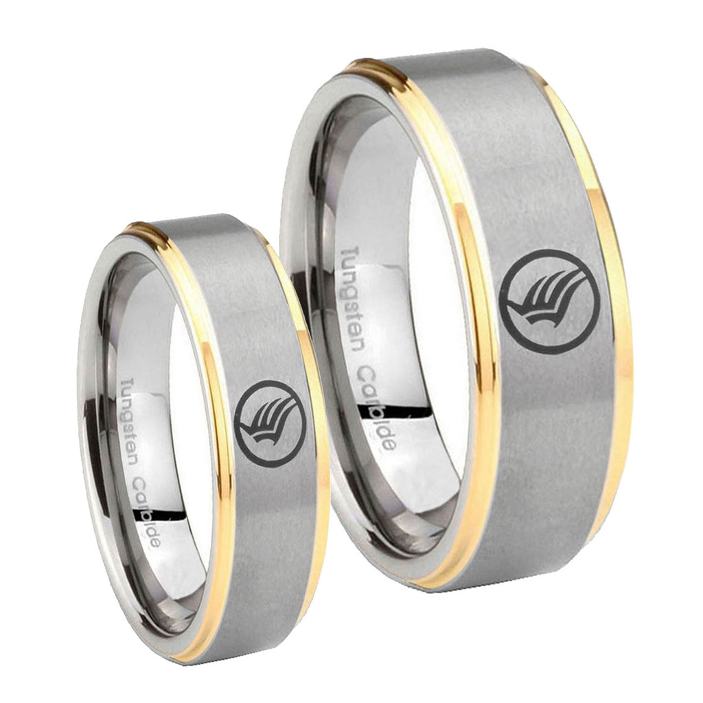 Step Edge Mass Effect 14K Gold 2 Tone Tungsten Matching Ring Set
