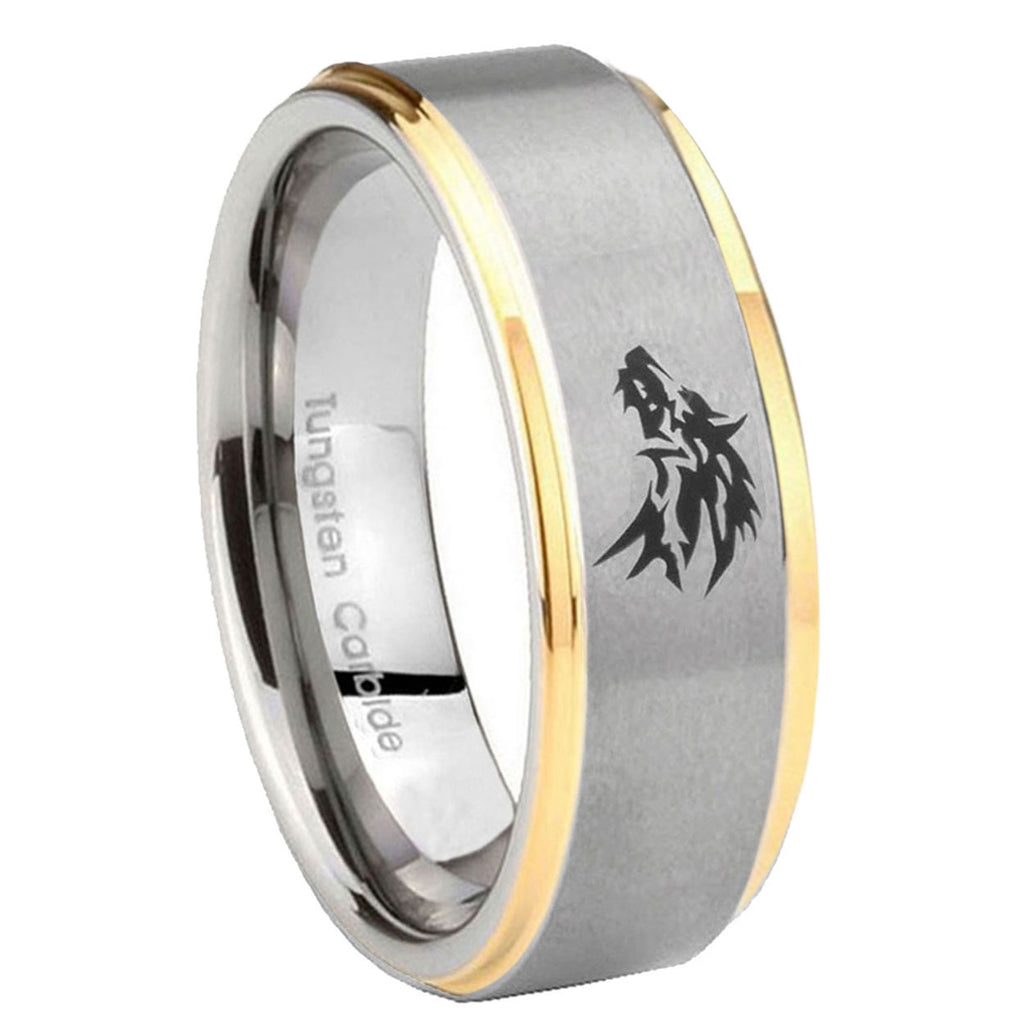 10mm Wolf Step Edges Gold 2 Tone Tungsten Carbide Mens Wedding Ring