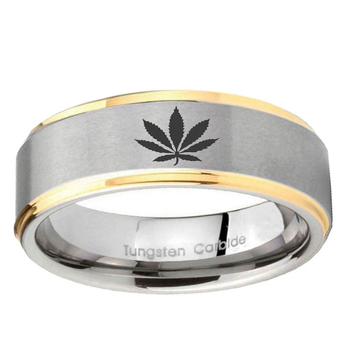 5mm Marijuana Leaf Step Edges Gold 2 Tone Tungsten Mens Ring