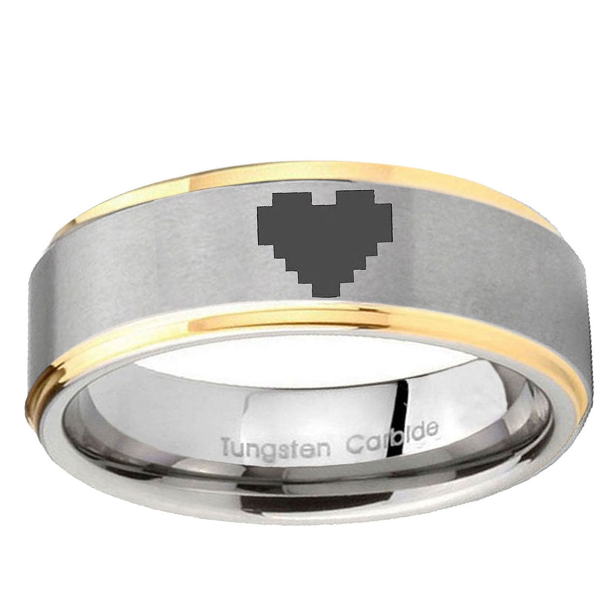 5mm Step Edges Zelda Heart 14K Gold IP Tungsten 2 Tone Ring