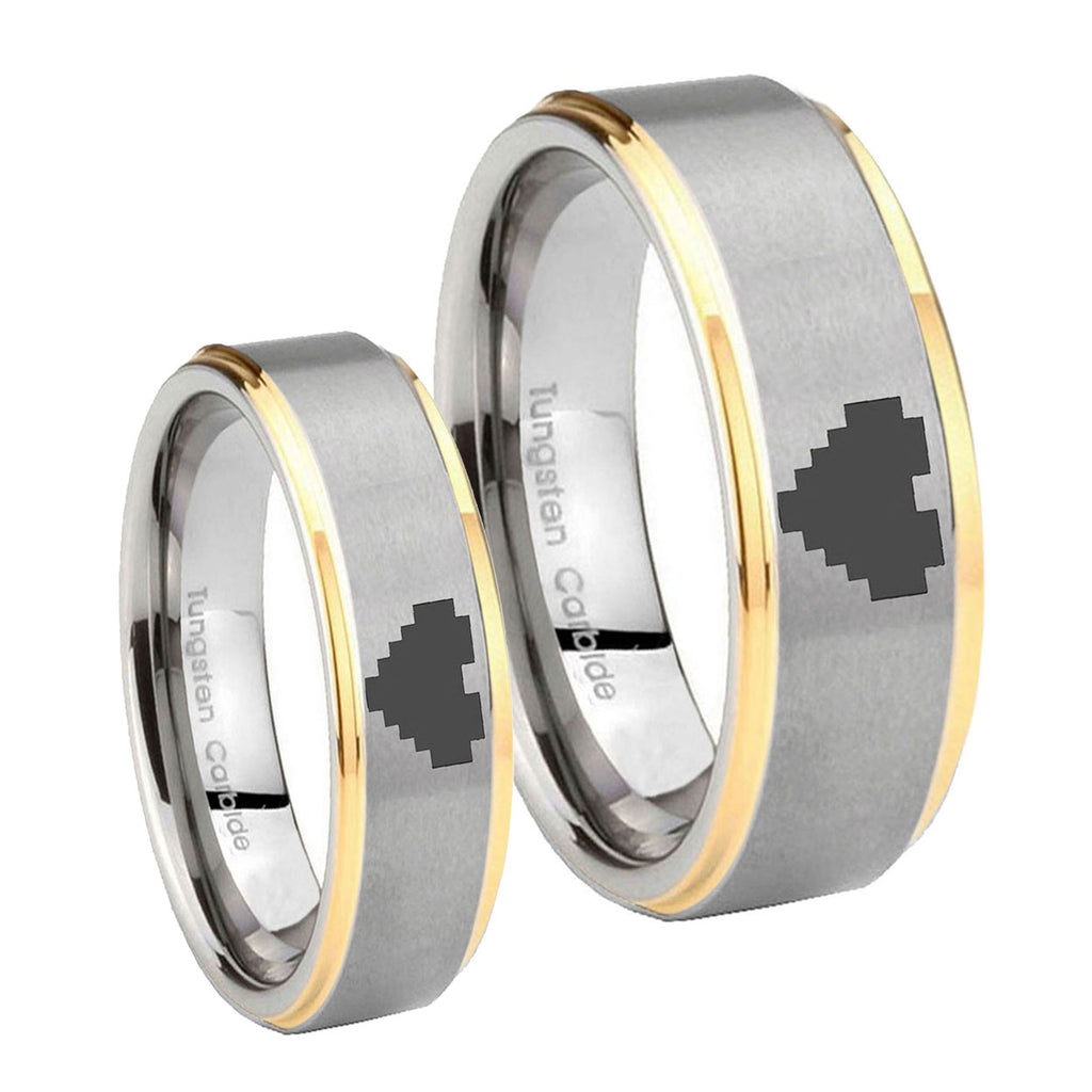 Step Edge Zelda Heart 14K Gold 2 Tone Tungsten Wedding Set Ring