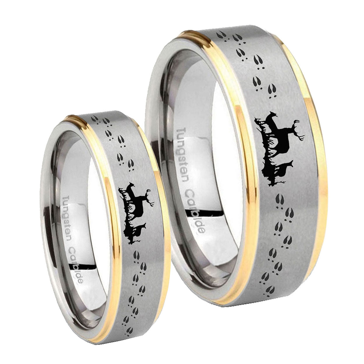 Deer Hunting Step Edges Gold 2 Tone Tungsten Wedding Ring Set