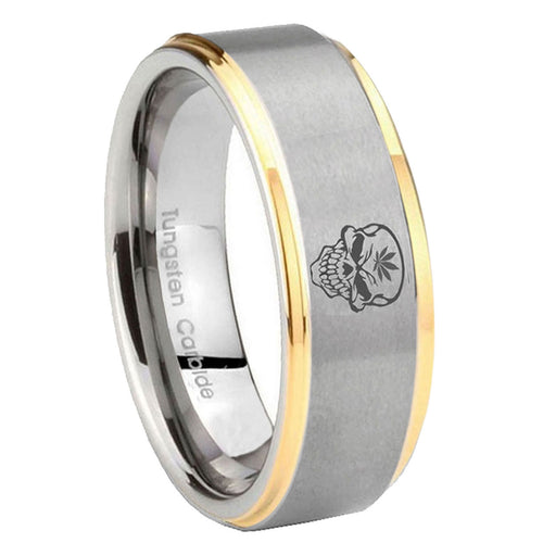 10mm Skull Marijuana Leaf Step Edges Gold 2 Tone Tungsten Personalized Ring