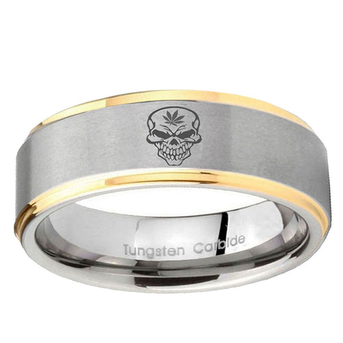10mm Skull Marijuana Leaf Step Edge Gold 2 Tone Tungsten Ring