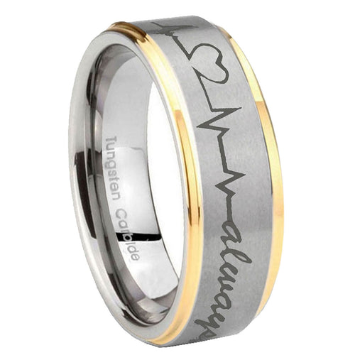 10mm Heart Beat forever Heart always Step Edges Gold 2 Tone Tungsten Bands Ring