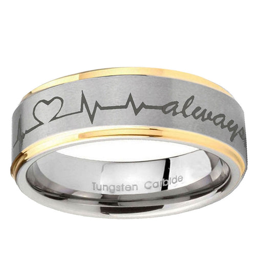 10mm Heart Beat forever Heart always Step Edge Gold 2 Tone Tungsten Bands Ring