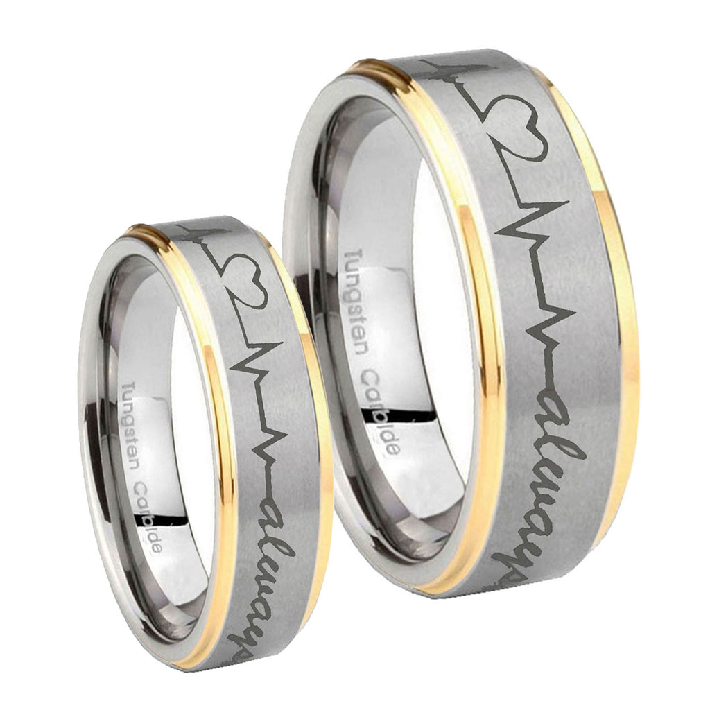 Heart Beat forever Heart always Step Edges Gold 2 Tone Tungsten Couple Band Set