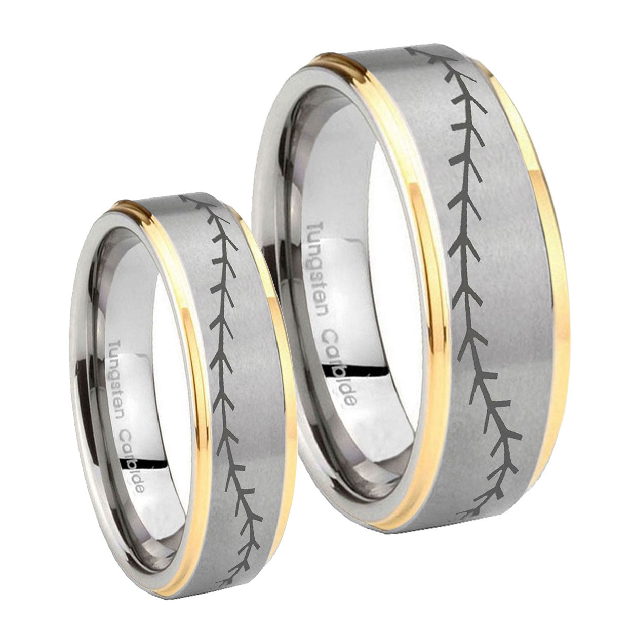 Baseball Stitch Step Edges Gold 2 Tone Tungsten His And Hers Ring