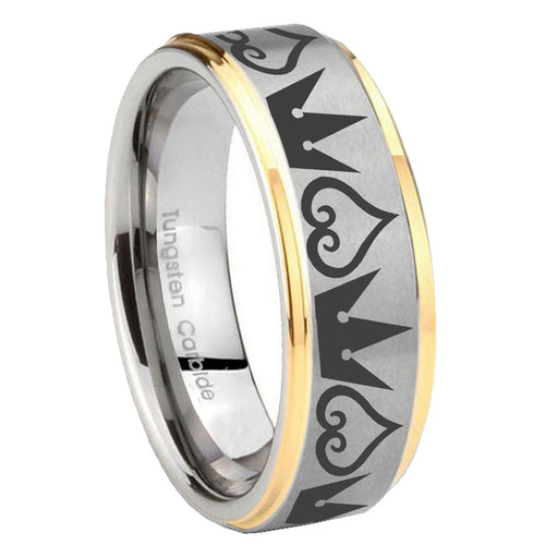 10mm Hearts and Crowns Step Edges Gold 2 Tone Tungsten Wedding Band Ring