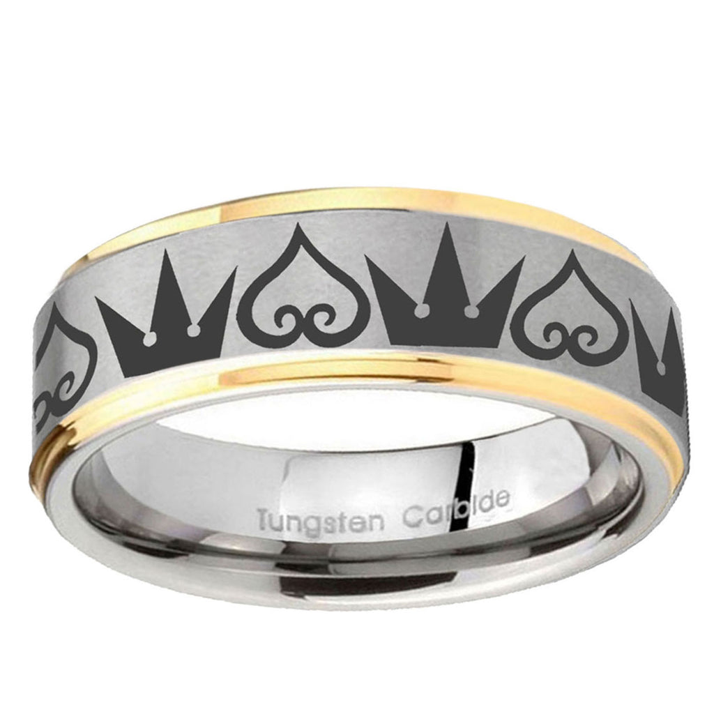 5mm Hearts and Crowns Step Edges Gold 2 Tone Tungsten Ring