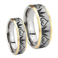 Hearts and Crowns Step Edges Gold 2 Tone Tungsten Wedding Ring Sets