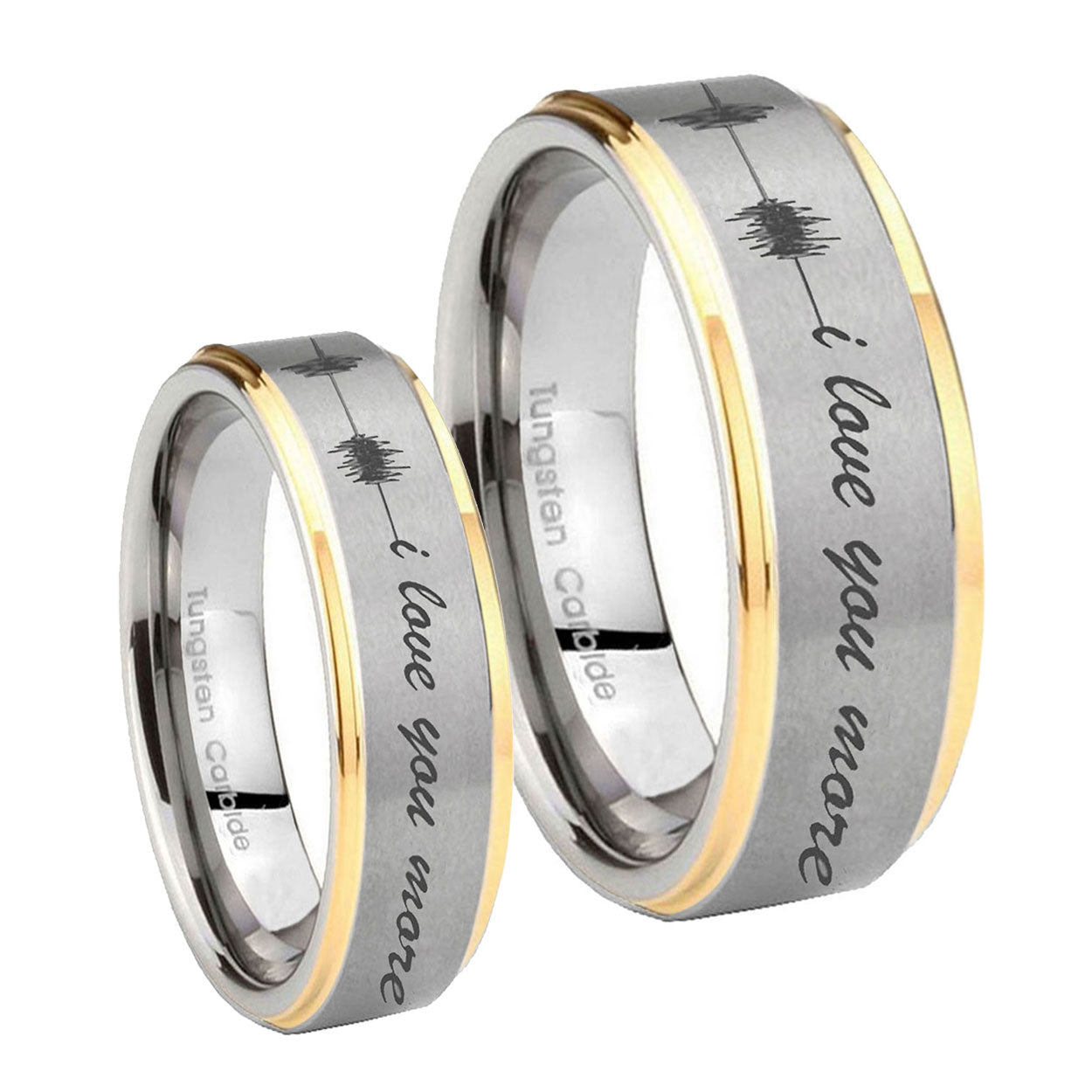 Sound Wave, I love you more Step Edges Gold 2 Tone Tungsten Bridal Ring Set