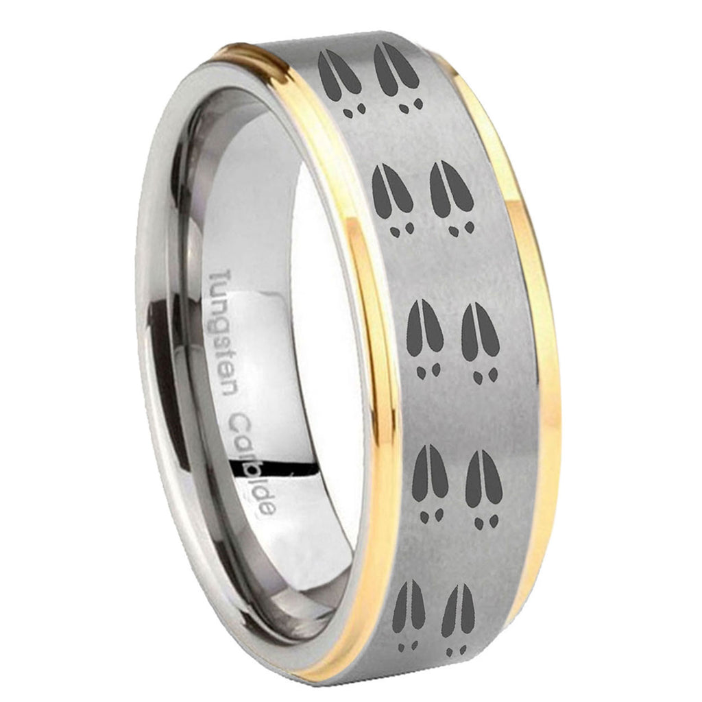 8mm Deer Tracks Step Edges Gold 2 Tone Tungsten Ring