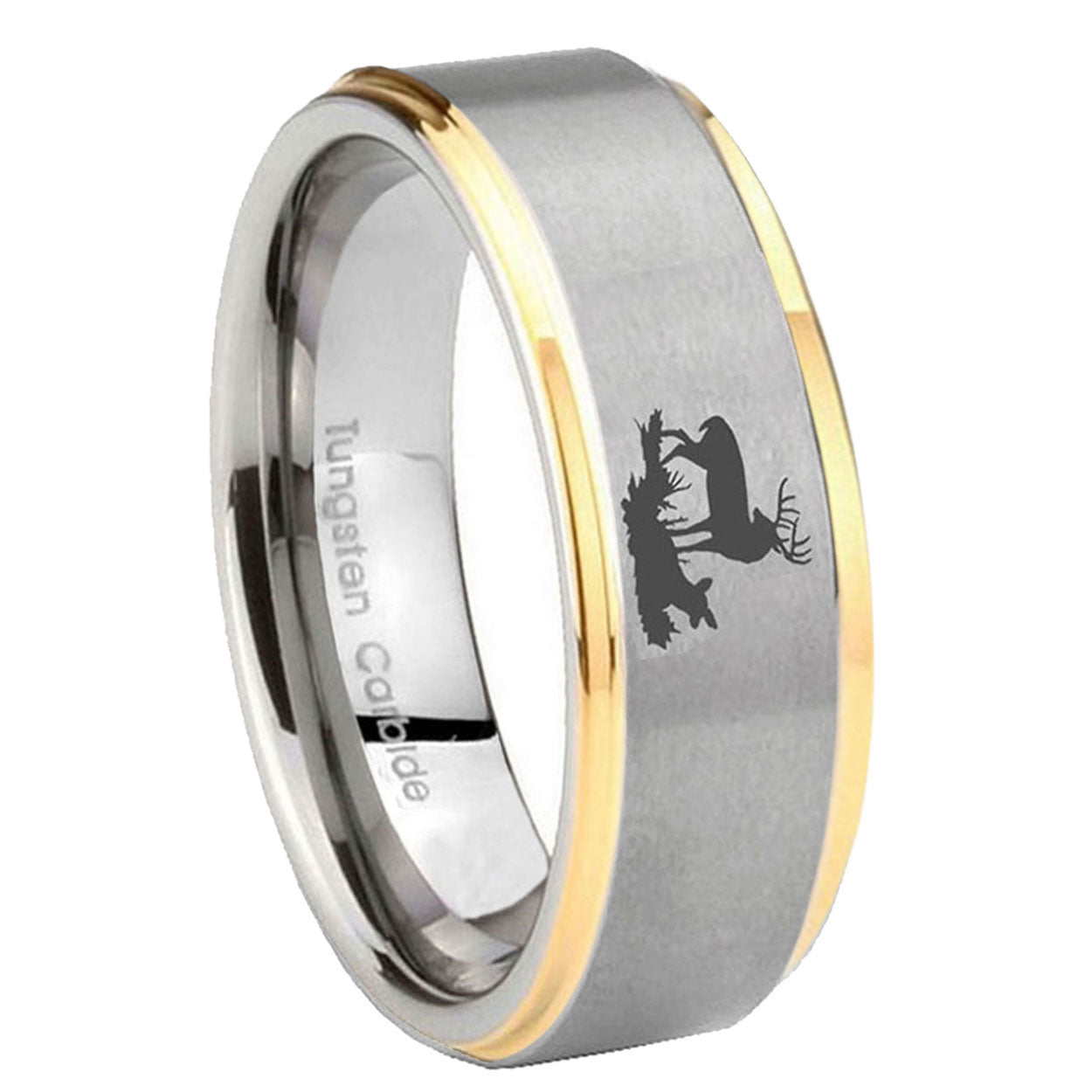 10mm Deer Hunting Step Edges Gold 2 Tone Tungsten Carbide Anniversary Ring